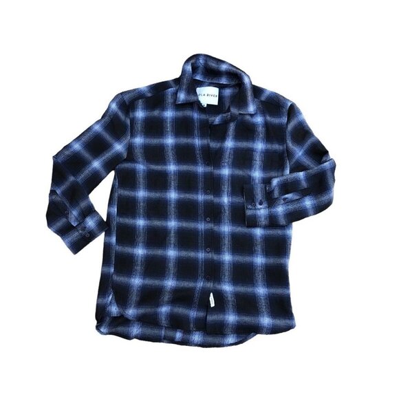 LOLA RIVER Flannel Shirt Women's MEDIUM Oversized Fit Plaid Blue Long Sleeve​​​ - Picture 1 of 7